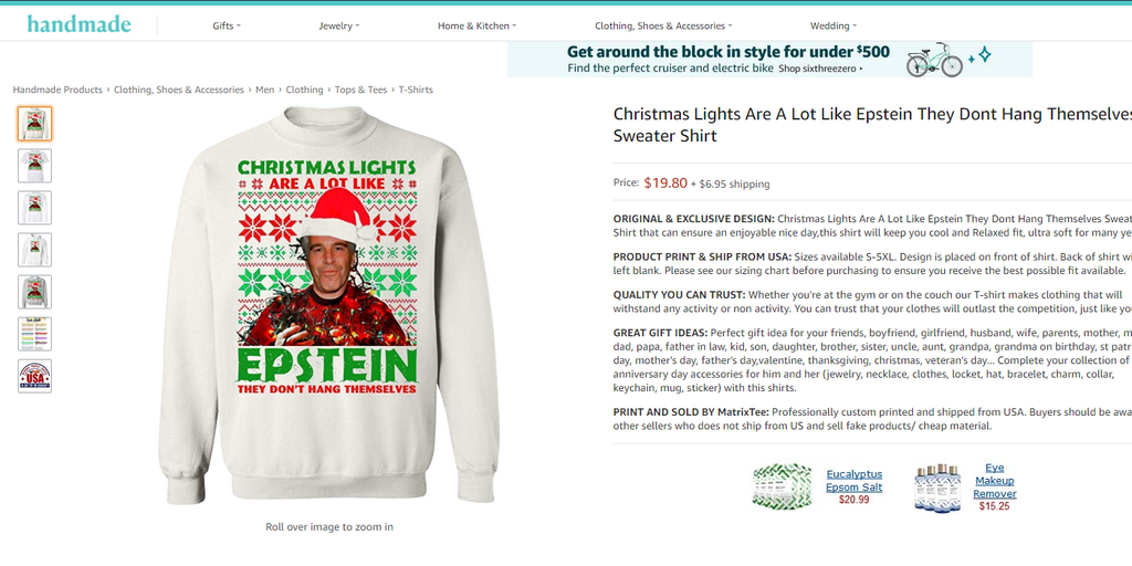 Epstein Ugly Christmas Sweater Ornament Epstein Didn't Kill Himself Red Glitter 