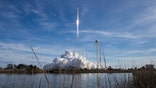 The Northrop Grumman Antares rocket with Cygnus resupply spacecraft onboard, launches at NASA's Wallops Flight Facility on Saturday, Feb. 15, 2020, in Wallops Island, Va. The cargo ship is rocketing toward the International Space Station, carrying the usual experiments and gear but also candy and cheese to satisfy the crew's cravings. The nearly 4-ton shipment should arrive at the orbiting lab Tuesday. (Aubrey Gemignani/NASA via AP)