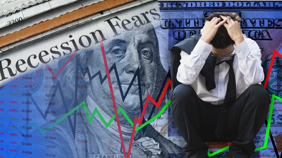 Man stressed about recession in photo illustration