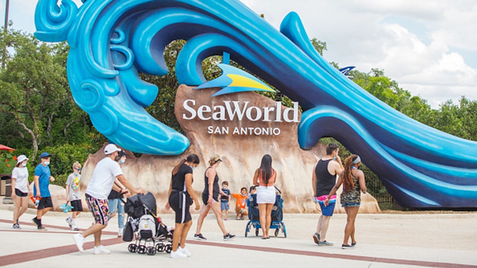 Guests walk around Seaworld outside during a sunny day