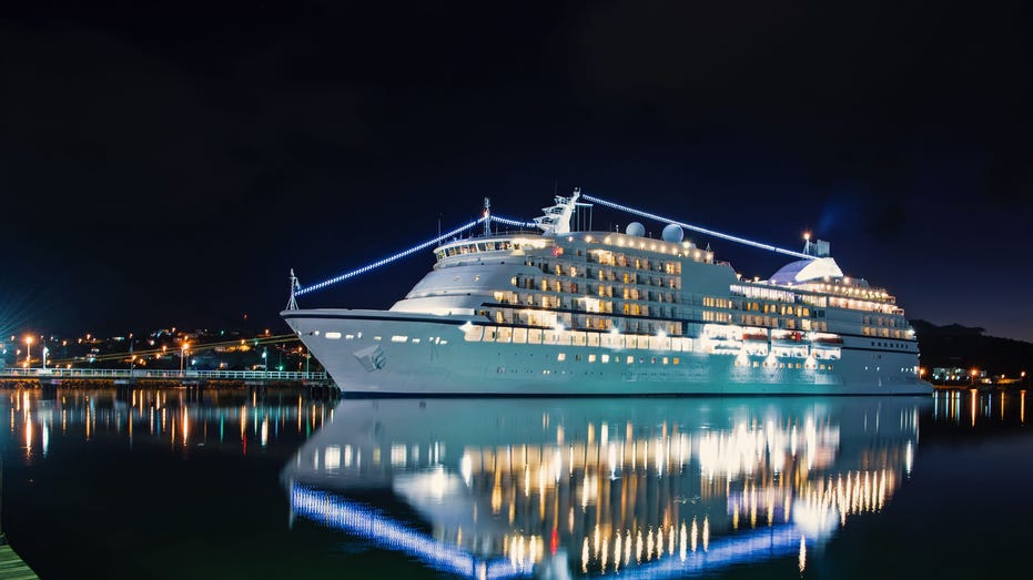 luxury cruise ship at sunset