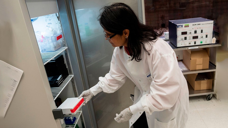 Woman in a white lab coat takes vaccines out of a refrigerator