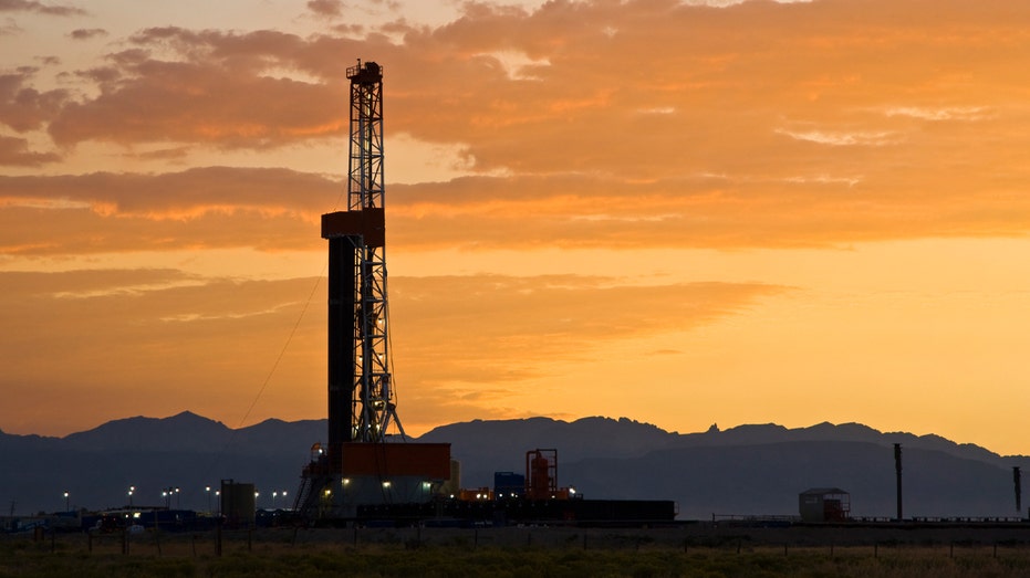 Oil rig during sunset in Wyoming