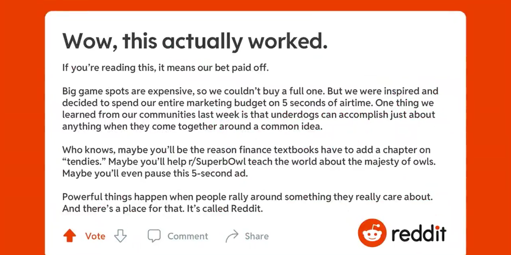 Reddit spends 'entire marketing budget' to air five-second ad during Super  Bowl