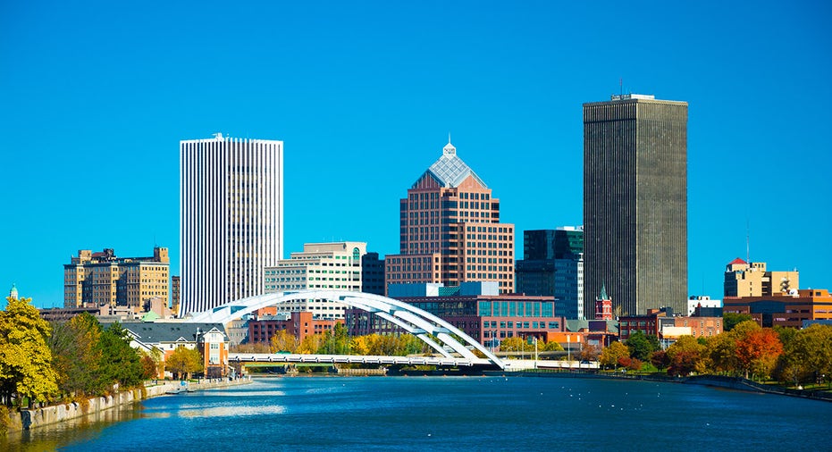 Downtown Rochester, New York, and the Genesee River.