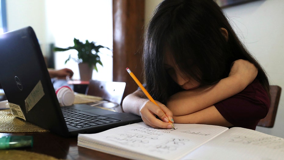 Veronica Esquivel, 10, finishes her homework after her virtual school hours while her brother Isias Esquivel sits in front of the computer, Wednesday, Feb. 10, 2021, at their residence in Chicago's predominantly Hispanic Pilsen neighborhood. 