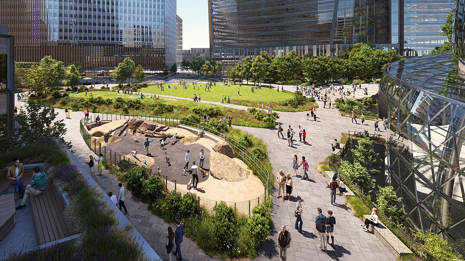 Pathway around Amazon HQ2 building rendering in Arlington, Virginia