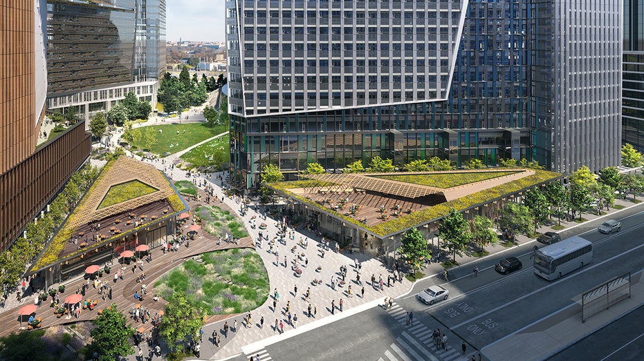 Front of Amazon HQ2 building rendering in Arlington, Virginia