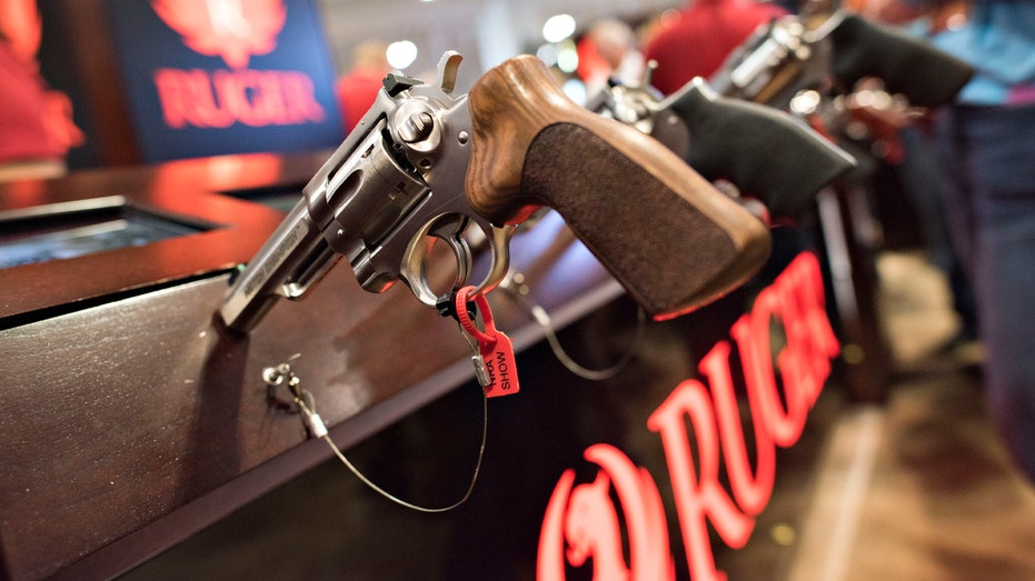 A revolver sits on display in the Sturm, Ruger & Co., Inc. booth on the exhibition floor of the 144th National Rifle Association (NRA) Annual Meetings and Exhibits at the Music City Center in Nashville, Tennessee, U.S.