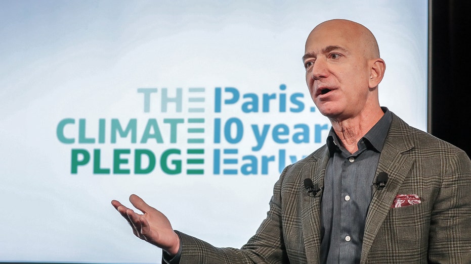 Amazon CEO Jeff Bezos announces the co-founding of The Climate Pledge at the National Press Club on Sept. 19, 2019, in Washington, D.C. 