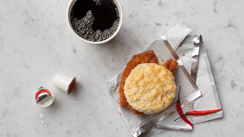 Chick fil A breakfast spicy chicken biscuit and coffee
