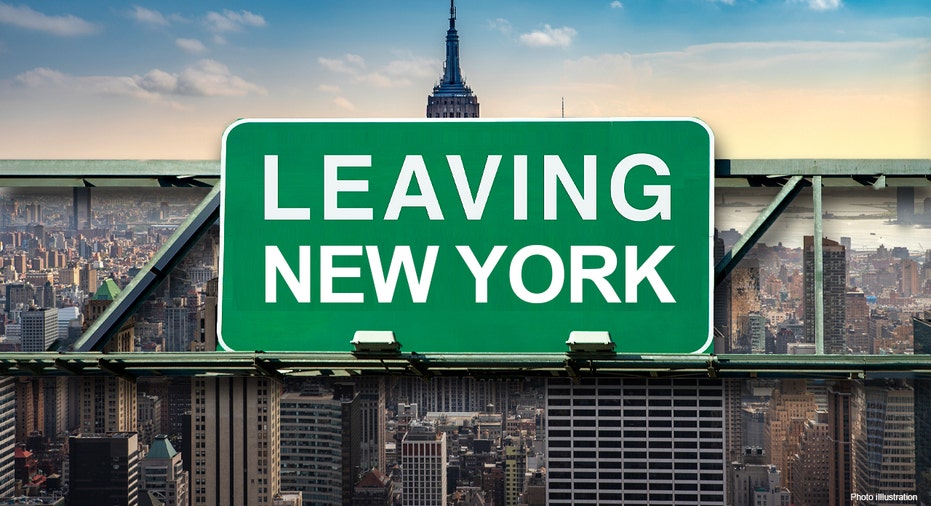 Leaving New York sign on highway