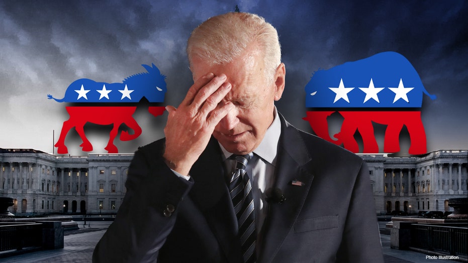 Joe Biden looks distressed next to Democratic and Republican Party logos