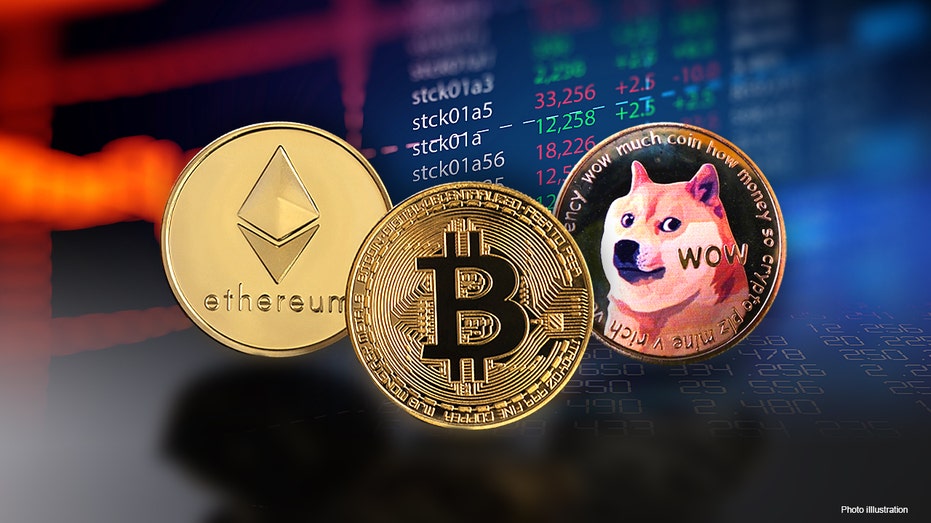 Bitcoin, ethereum and dogecoing in a photo illustration