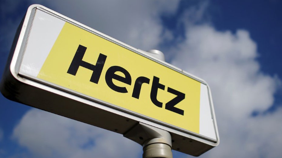 The logo of the American car rental company Hertz at the Nantes-Atlantique airport in Bouguenais near Nantes, western France, April 7, 2016. 