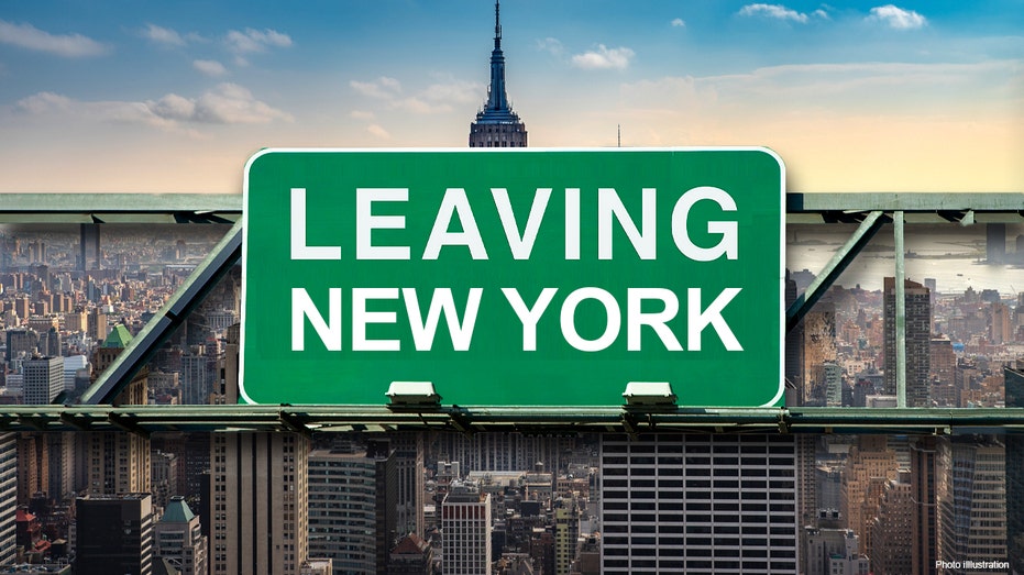 Leaving New York sign on highway