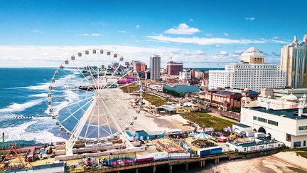Atlantic City, USA - September 20, 2017: Atlantic city waterline aerial view. AC is a tourist city in New Jersey famous for its casinos, boardwalks, and beaches