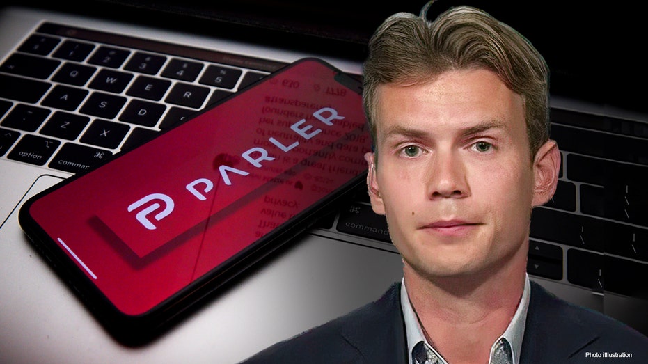 Photo illustration of Parler CEO George Farmer with an app background