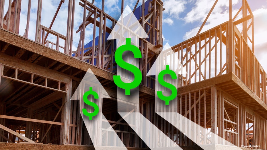 Home construction with rising price symbols