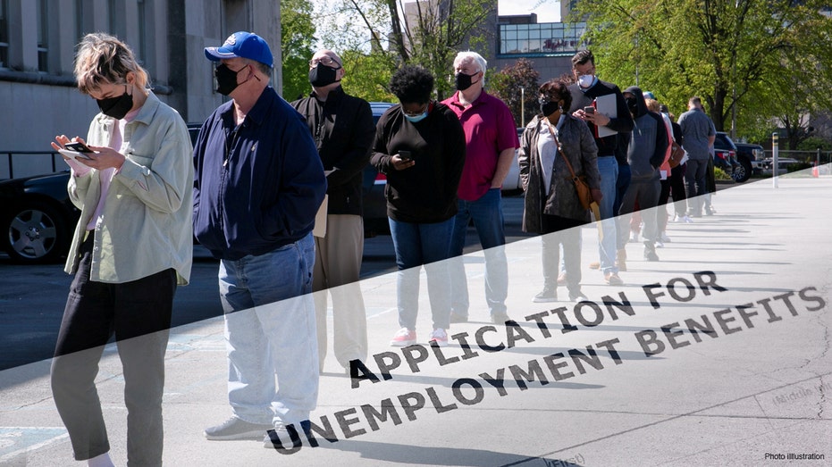 In this photo illustration, people line up to receive unemployment benefits.