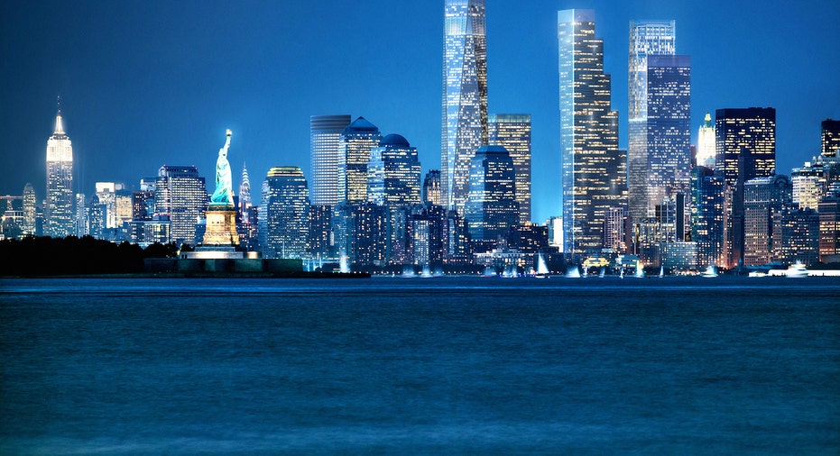 A rendering of the 2 World Trade Center office building from across the Hudson River