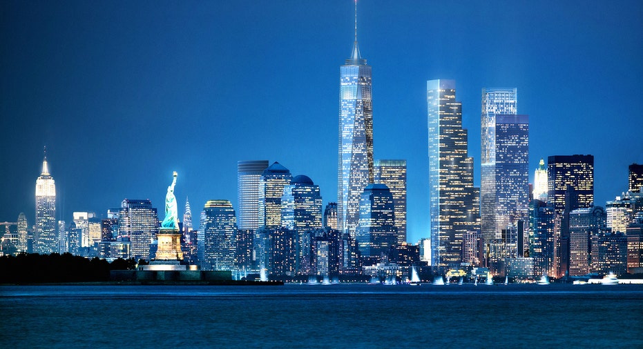 A rendering of the 2 World Trade Center office building from across the Hudson River