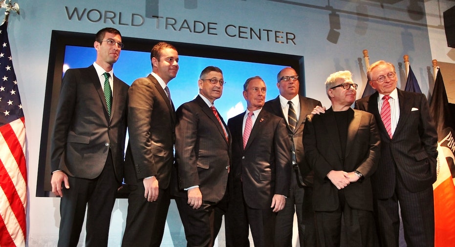 Silverstein Properties Chairman Larry Silverstein, former New York City mayor Mike Bloomberg, World Trade Center master planner Daniel Libeskind, and National 9/11 Memorial architect Michael Arad pose for a photo at a Sept. 11 press conference