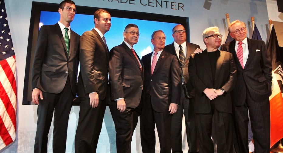 Silverstein Properties Chairman Larry Silverstein, former New York City mayor Mike Bloomberg, World Trade Center master planner Daniel Libeskind, and National 9/11 Memorial architect Michael Arad pose for a photo at a Sept. 11 press conference