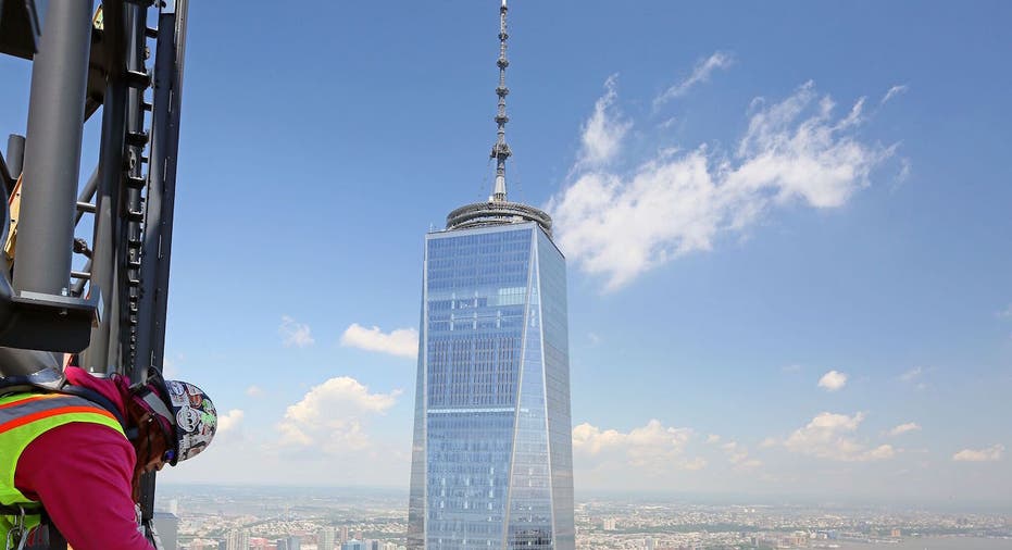 A contruction work high above on the rebuilding of the World Trade Center 