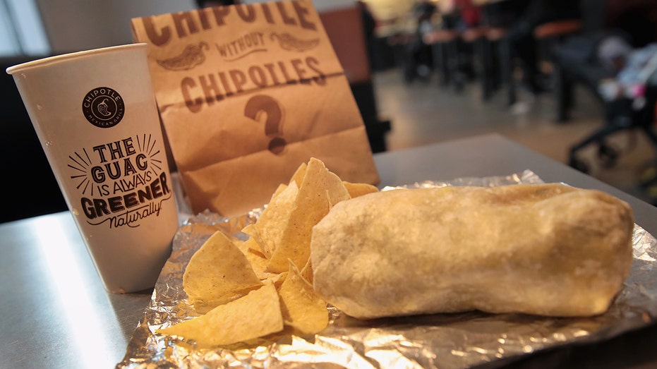 Chipotle burrito, soft drink and chips