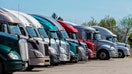 Group of trucks parked at truck stop, American transport concept, Missouri, United States.