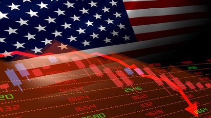 United States economic downturn with stock exchange market showing stock chart down and in red negative territory. Business and financial money market crisis concept in the U.S.