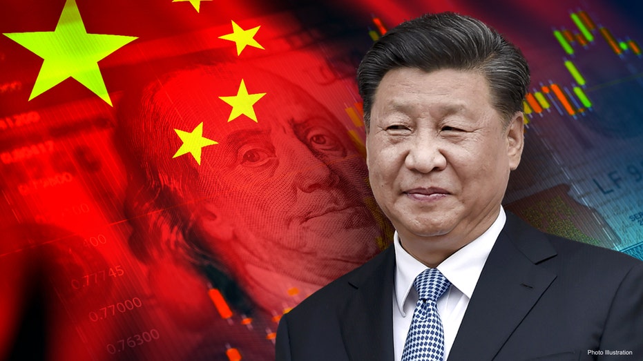 Xi Jinping in a photo illustration showing Chinese flag and US dollar