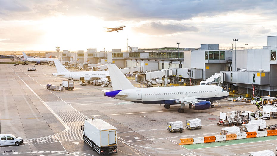 Busy airport view with airplanes and service vehicles at sunset