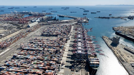 LOS ANGELES, CA - OCTOBER 16: Aerial view of containers waiting at Port of Long Beach to be loaded onto trains and trucks on October 16, 2021 in Long Beach, California. (Photo by Qian Weizhong/VCG via Getty Images) - Fox Business News