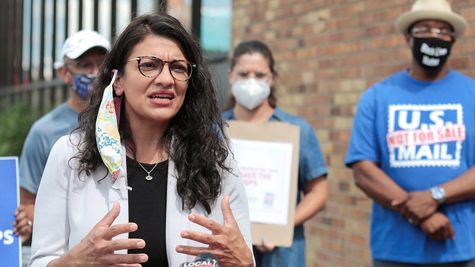 Democratic U.S. Representative Rashida Tlaib speaks at a rally in support of the United States Postal Service (USPS) outside of a post office in Detroit, Michigan, U.S. August 18, 2020.