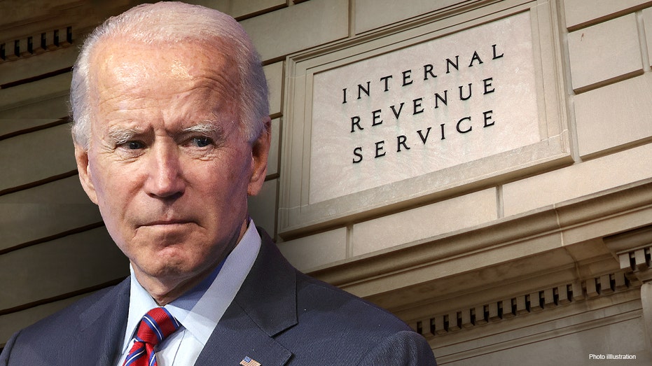 Biden next to IRS building in photo illustration