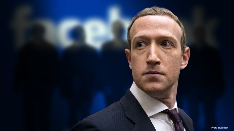 A photo illustration showing Mark Zuckerberg in front of a Facebook logo