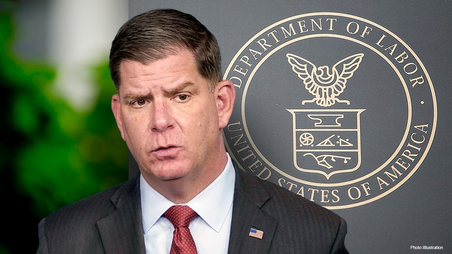 Labor Secretary Marty Walsh in a black suit seen in front of the presidential crest