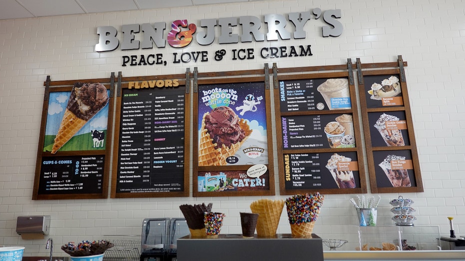 The menu hangs on the wall at a Ben & Jerry's ice cream store on September 23, 2021 in Miami, Florida.  (Photo by Joe Raedle / Getty Images)