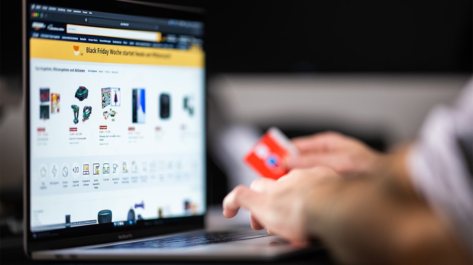 A person shops online using a laptop computer