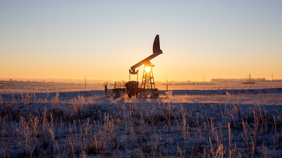 An oil pumping jack, also known as a "nodding donkey," in an oilfield near Dyurtyuli in the Republic of Bashkortostan, Russia.