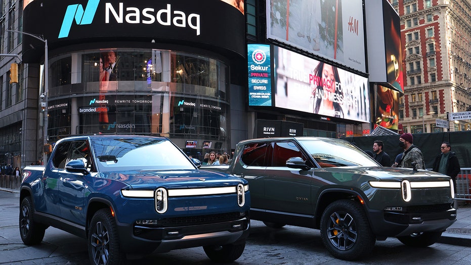 Rivian pickup trucks on display in New York City