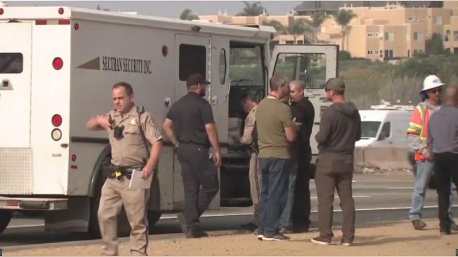 Authorities in California are looking for the drivers who were seen grabbing large amounts of cash that rained down on a freeway Friday morning after the money fell out of an armored truck.