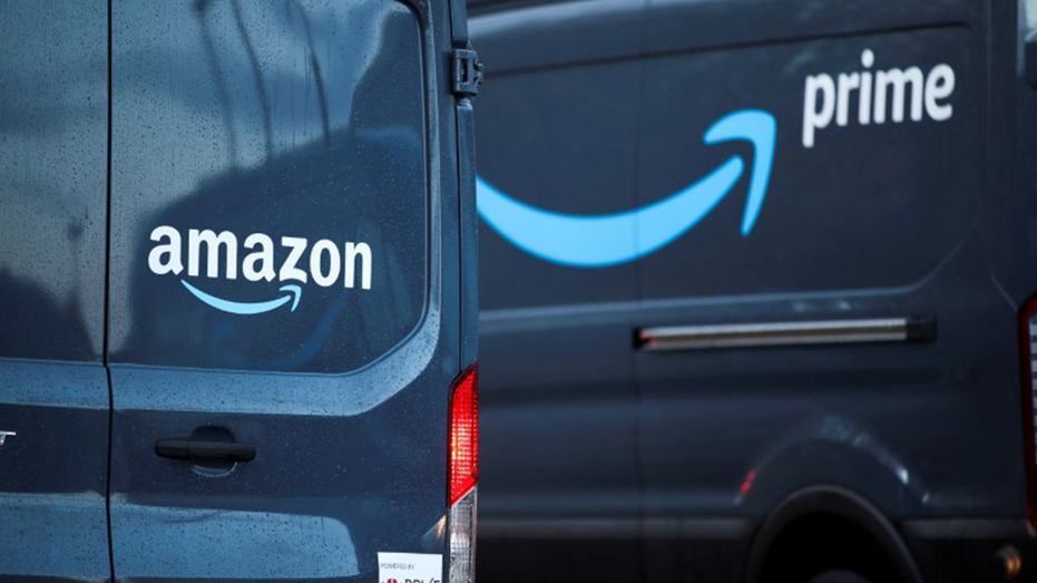 An Amazon delivery truck is pictured as it makes deliveries