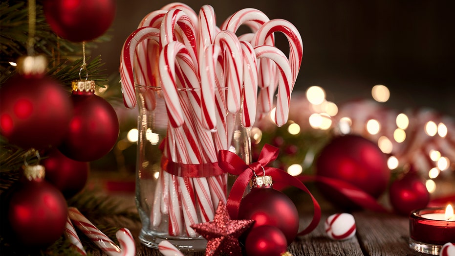 Candy canes wrapped in a red bow