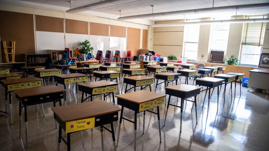 UNITED STATES - AUGUST 26: An empty classroom is pictured at Heather Hills Elementary School as officials conduct a materials distribution for parents to pick up for distance learning in Bowie, Md., on Wednesday, August 26, 2020. (Photo By Tom Williams/CQ Roll Call)