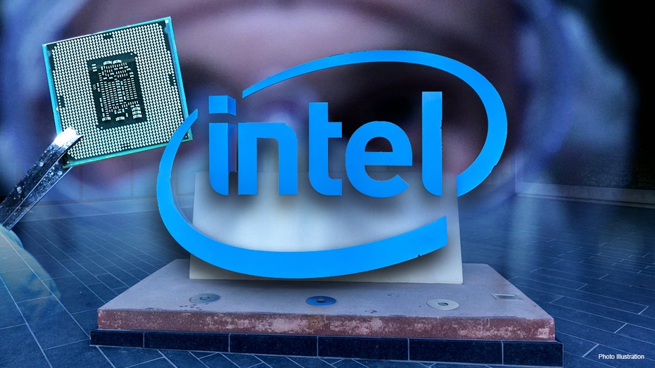 A computer chip next to the Intel logo in a photo illustration