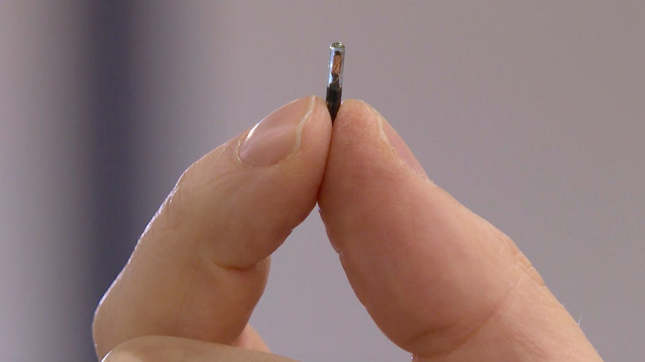 A tiny microchip being held in the air