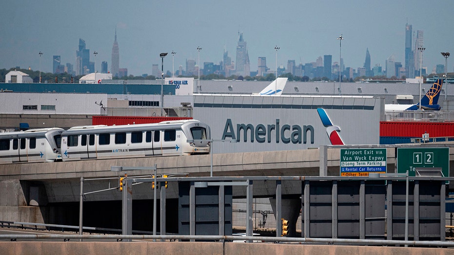 The American Airlines logo at John F. Kennedy Airport amid the novel coronavirus pandemic on May 13, 2020, in Queens, New York.